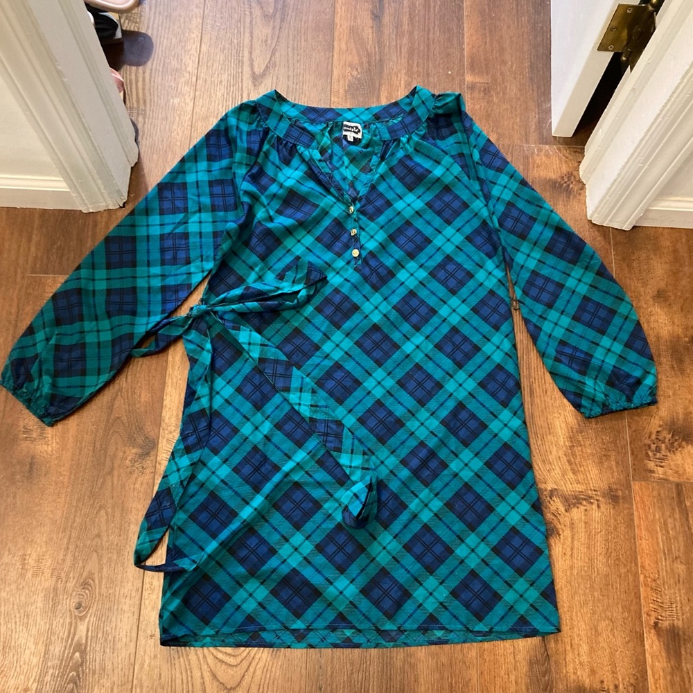 mud pie poly green and blue plaid tie waist dress size small